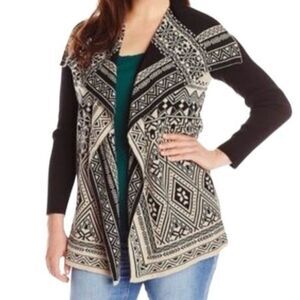 Lucky Brand 100% Cotton Black/Tan Aztec Open Front Cardigan Sweater Size 2X